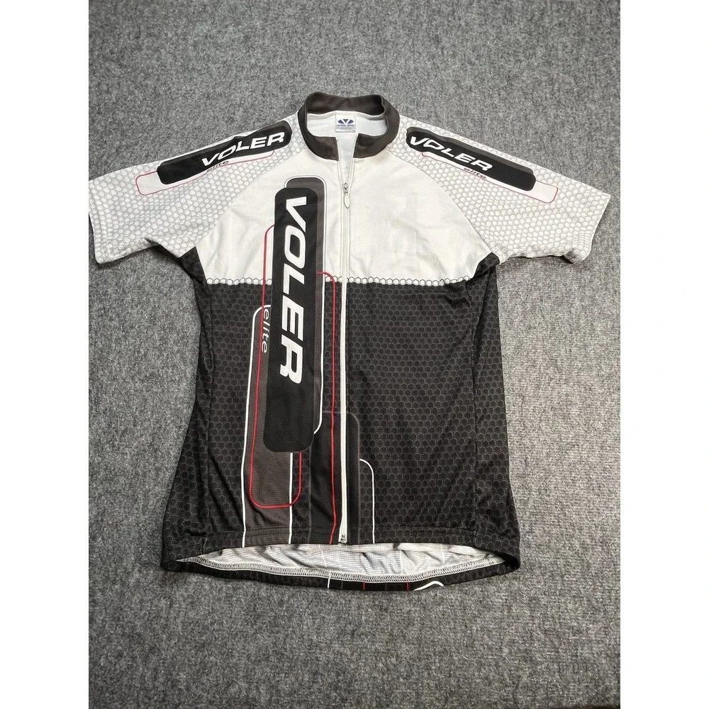 VOLER Cycling Jersey‎ Mens L Black White Water Bottle Pockets USA Full Zip Vtg
